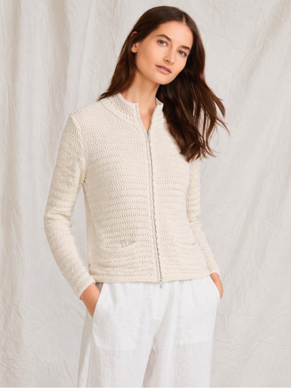 Eileen Fisher Petite White Cream woven Full Zip Front sweate WOOL COTTON medium